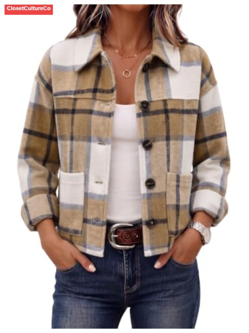Cropped Plaid Flannel Shacket Button Down Casual Fall Jacket